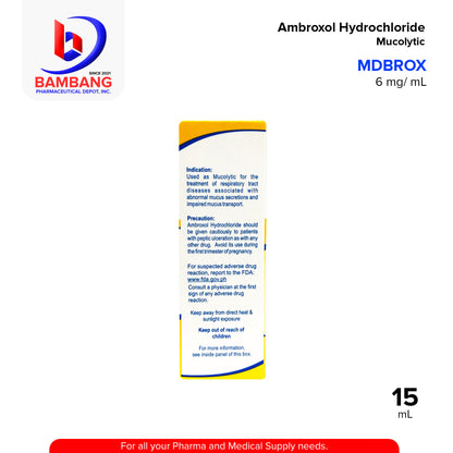 MDBROX Ambroxol Hydrochloride 6 mg / mL Oral Drops Syrup Mucolytic Mango Flavor 15mL