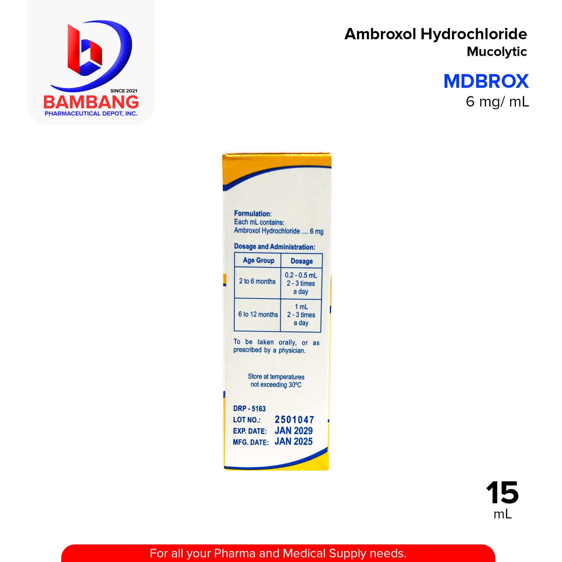 MDBROX Ambroxol Hydrochloride 6 mg / mL Oral Drops Syrup Mucolytic Mango Flavor 15mL
