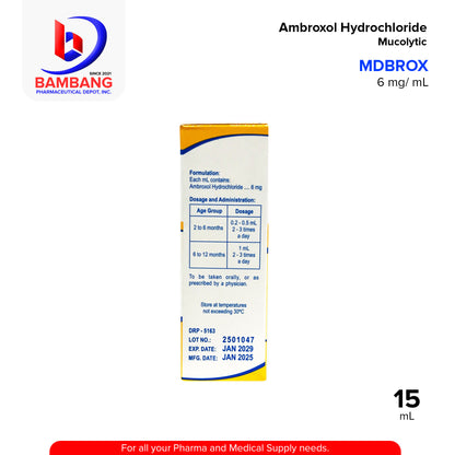 MDBROX Ambroxol Hydrochloride 6 mg / mL Oral Drops Syrup Mucolytic Mango Flavor 15mL