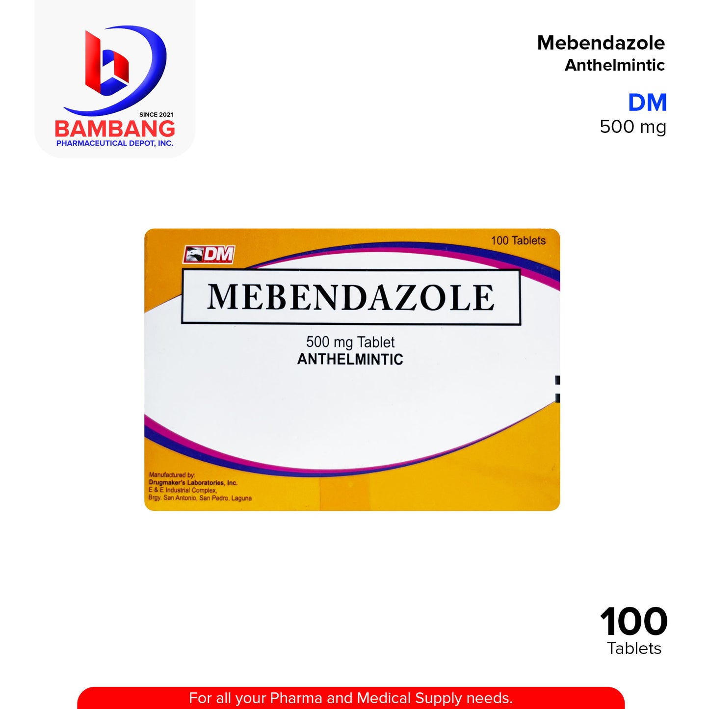MEBENDAZOLE Anthelmintic 500 mg Tablet 100's
