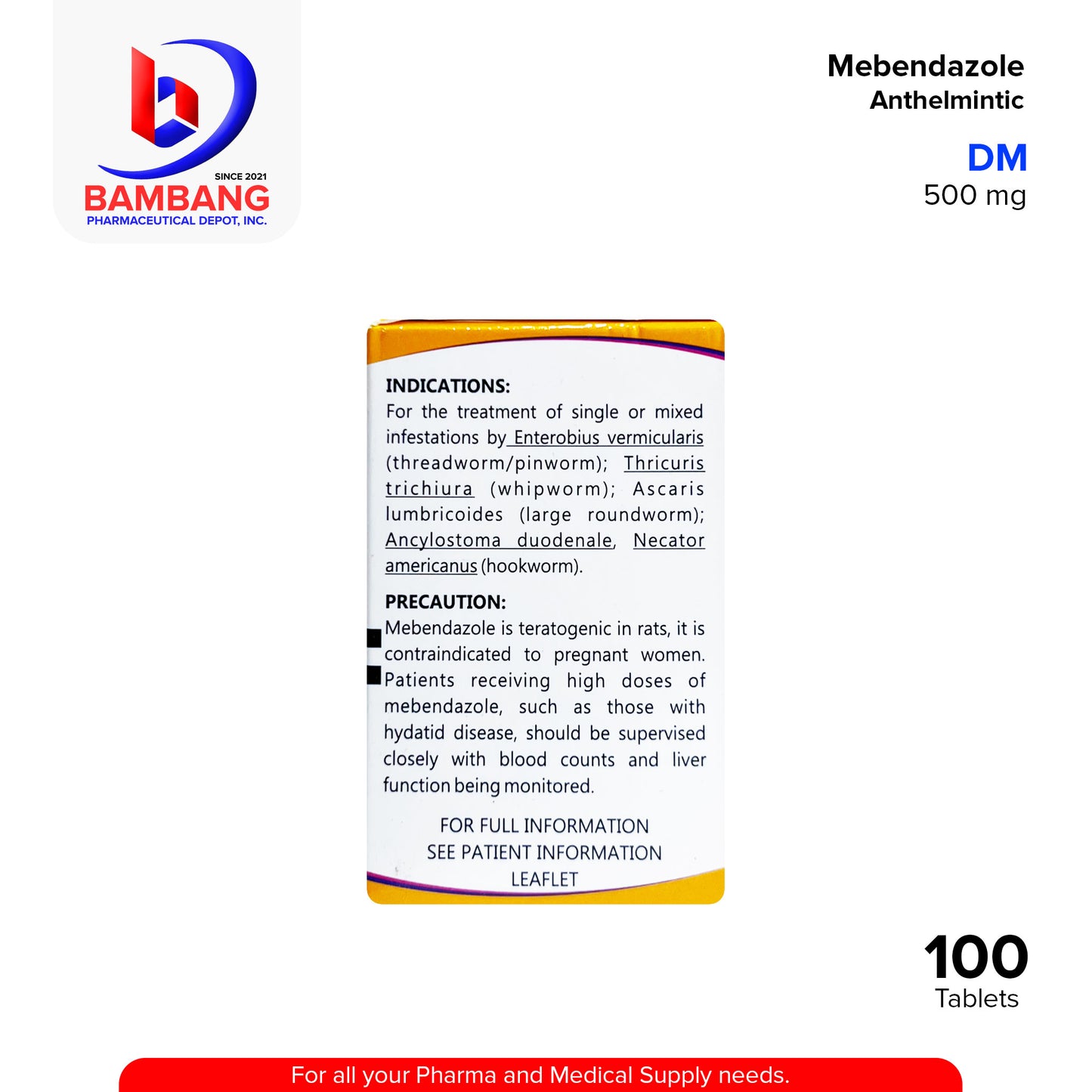 MEBENDAZOLE Anthelmintic 500 mg Tablet 100's