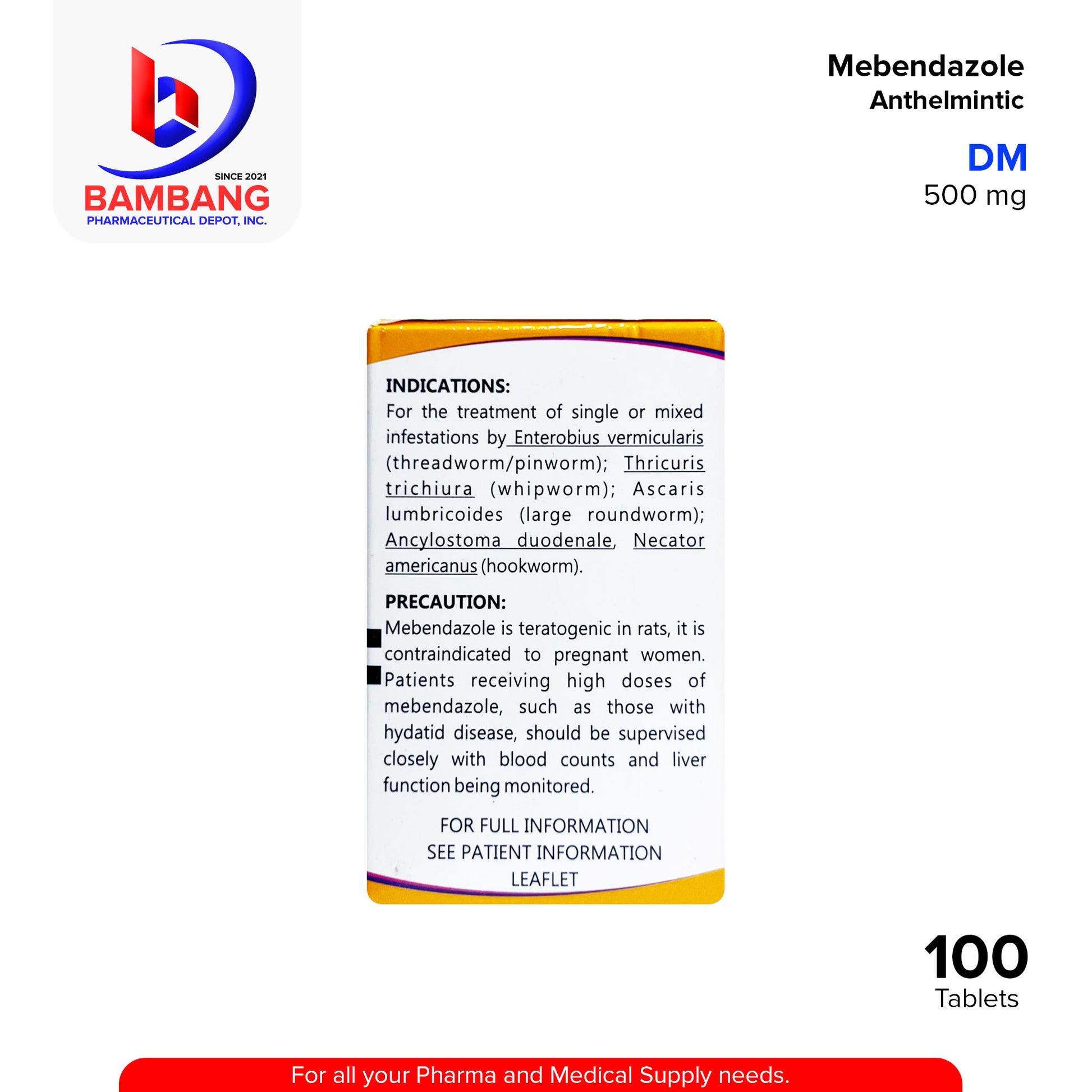MEBENDAZOLE Anthelmintic 500 mg Tablet 100's