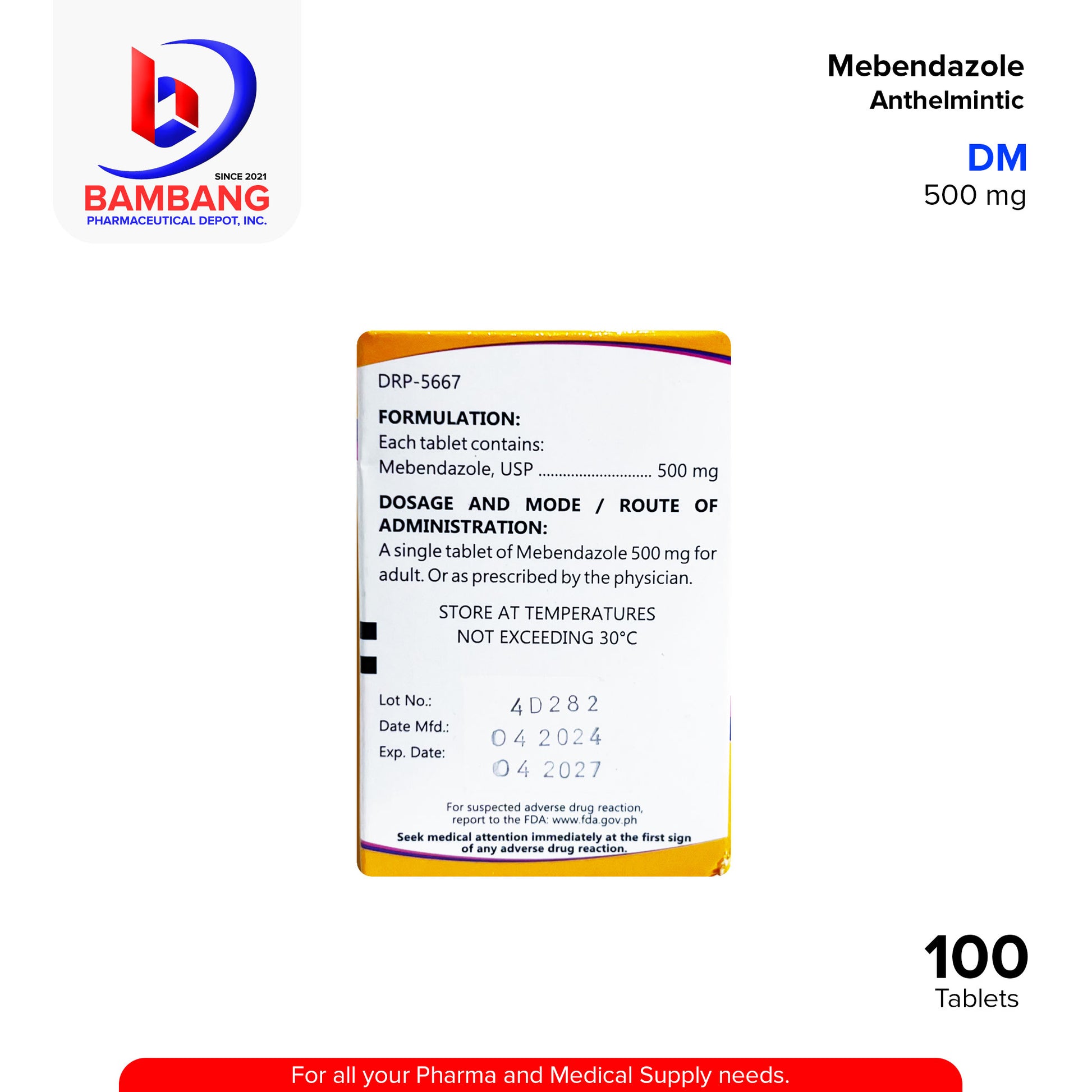 MEBENDAZOLE Anthelmintic 500 mg Tablet 100's