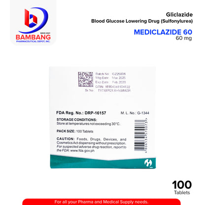 MEDICLAZIDE 60 Gliclazide Blood Glucose Lowering Drug Sulfonylurea Modified Release Tablet 100's