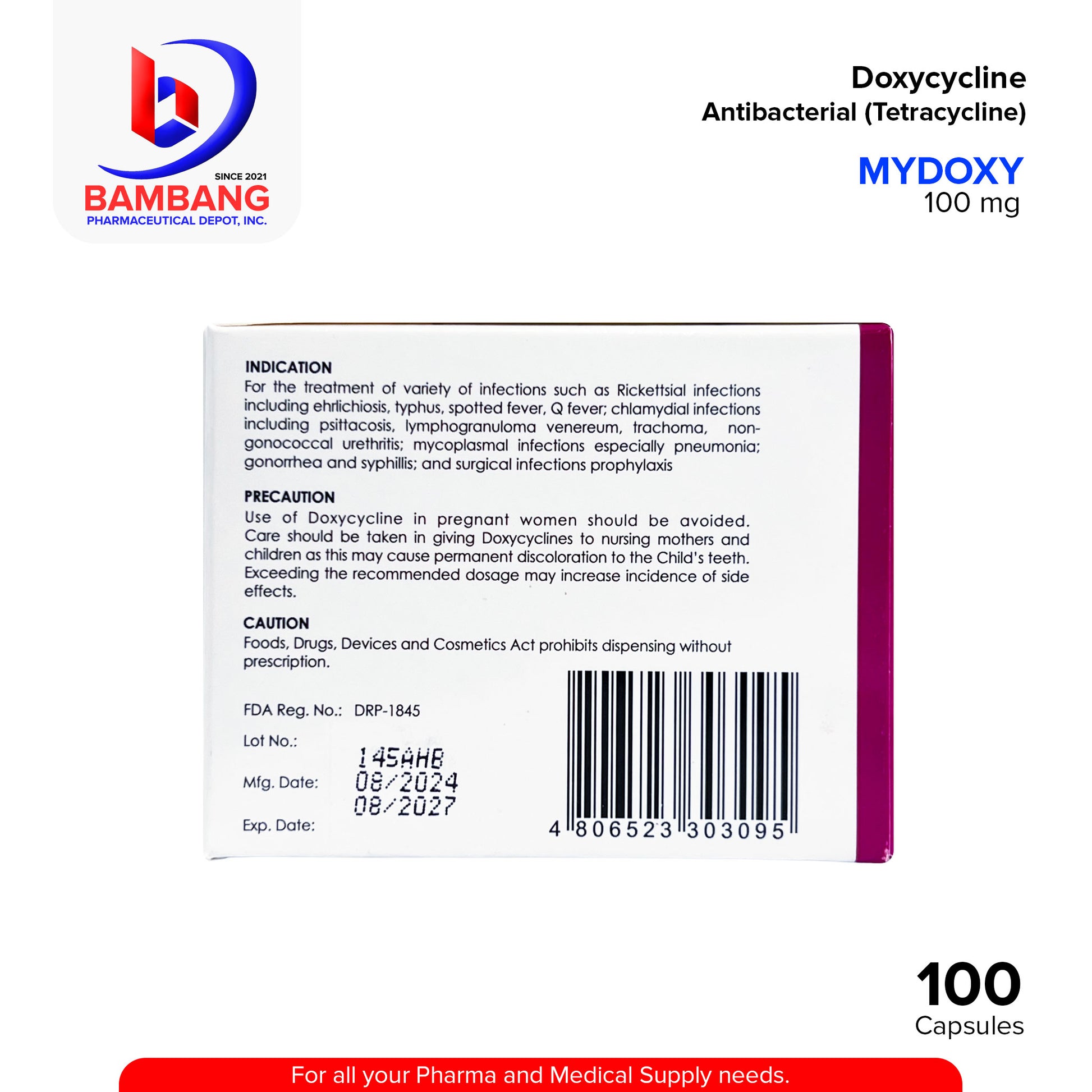MYDOXY Doxycycline Antibacterial Tetracycline 100 mg Capsule 100's