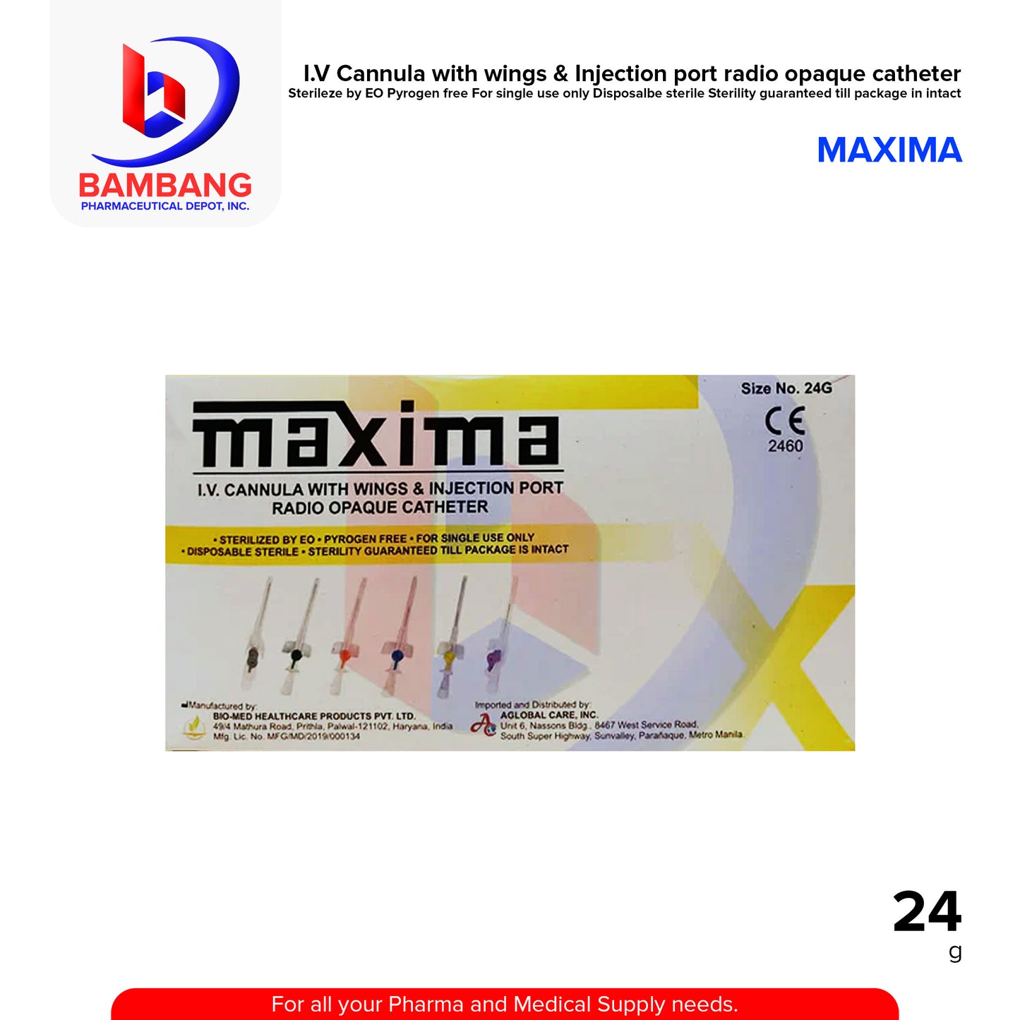 MAXIMA IV Cannula with Wings & Injection Port Radio Opaque Catheter Sterilized by EO Size No. 24G by 100's