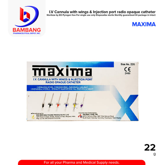 MAXIMA IV Cannula with Wings & Injection Port Radio Opaque Catheter Sterilized by EO Size No. 22G by 100's