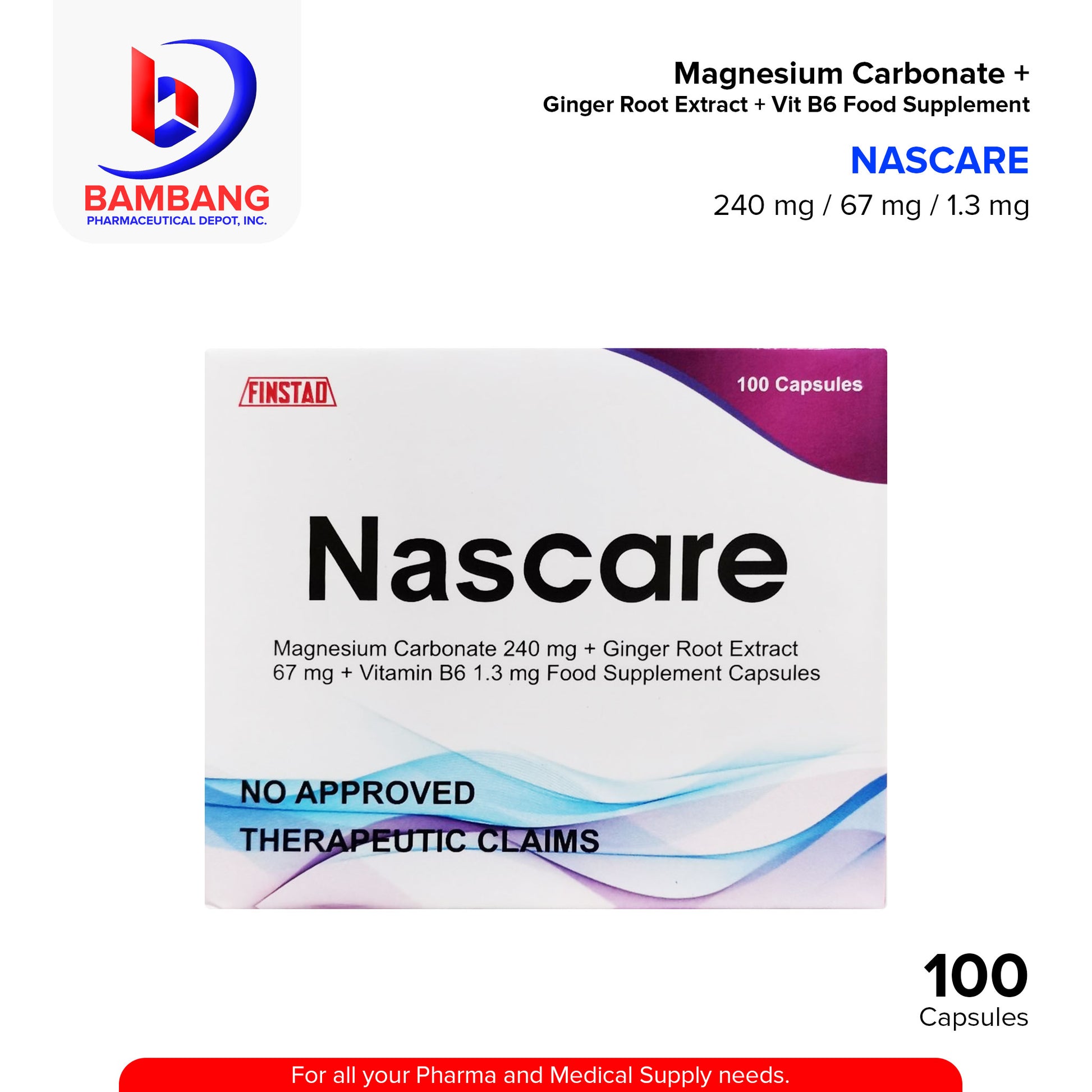 NASCARE Magnesium Carbonate 240 mg + Ginger Root Extract 67 mg + Vitamin B6 1.3 mg Food Supplement Capsule 100's