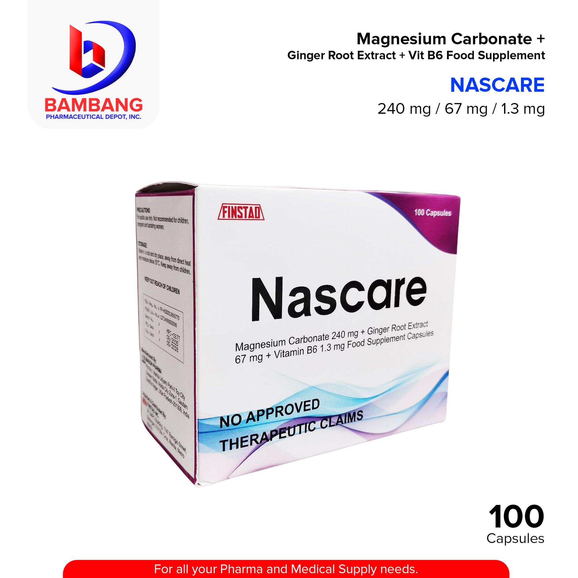 NASCARE Magnesium Carbonate 240 mg + Ginger Root Extract 67 mg + Vitamin B6 1.3 mg Food Supplement Capsule 100's