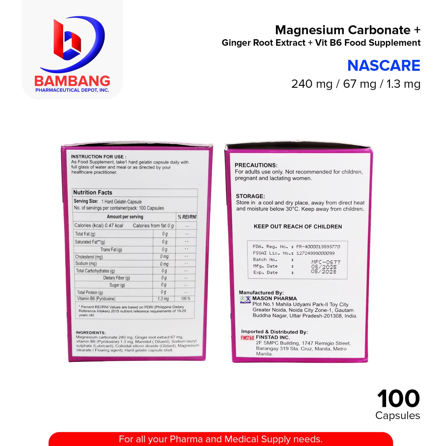 NASCARE Magnesium Carbonate 240 mg + Ginger Root Extract 67 mg + Vitamin B6 1.3 mg Food Supplement Capsule 100's