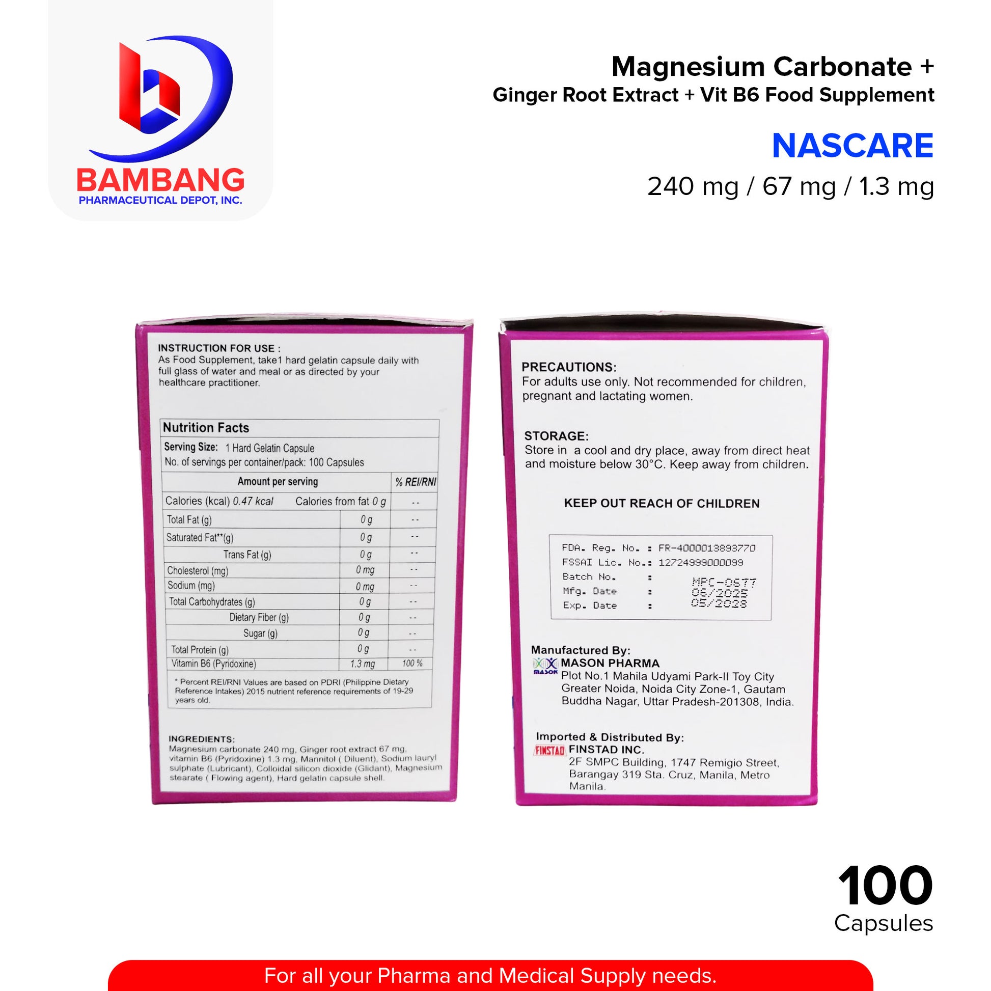 NASCARE Magnesium Carbonate 240 mg + Ginger Root Extract 67 mg + Vitamin B6 1.3 mg Food Supplement Capsule 100's