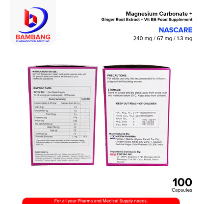 NASCARE Magnesium Carbonate 240 mg + Ginger Root Extract 67 mg + Vitamin B6 1.3 mg Food Supplement Capsule 100's
