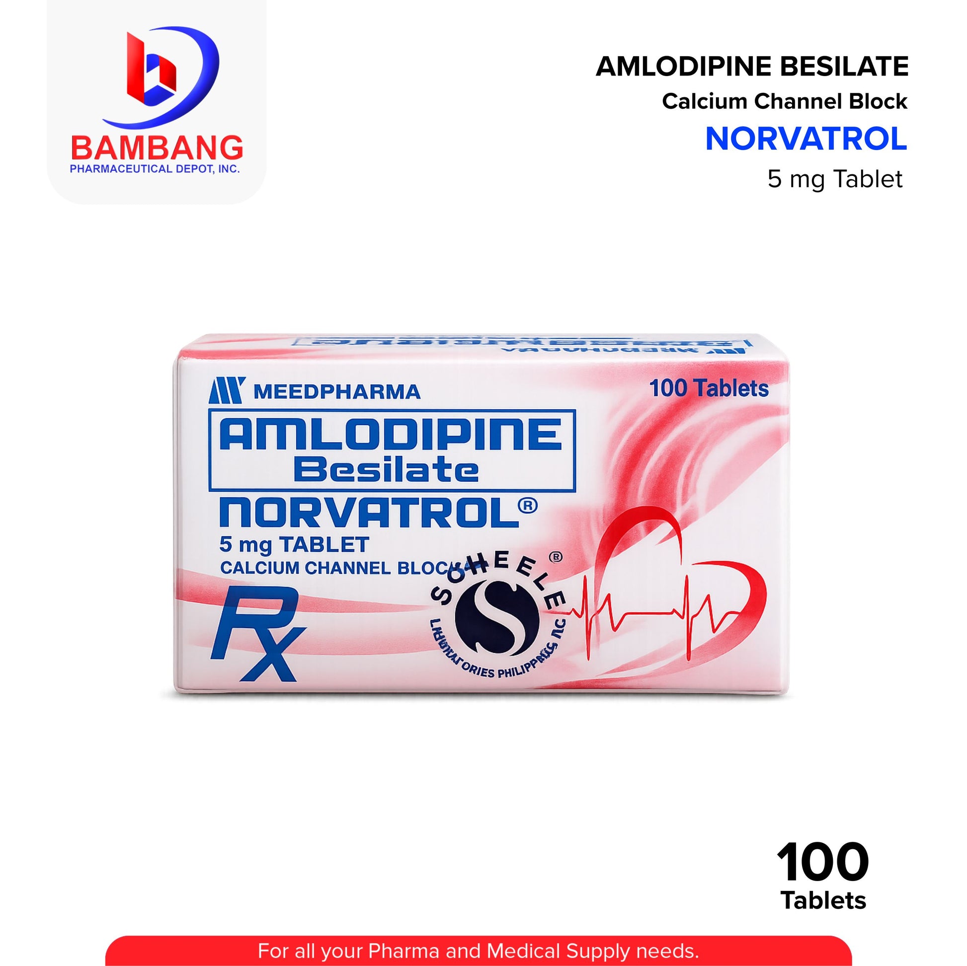 Box of Amlodipine Besilate Norvatrol 5 mg Tablet with Bambang Pharmaceutical logo