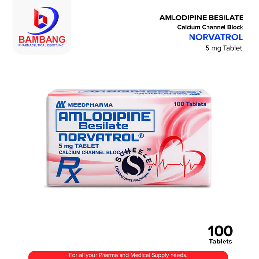 Box of Amlodipine Besilate Norvatrol 5 mg Tablet with Bambang Pharmaceutical logo