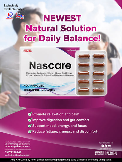 NASCARE Magnesium Carbonate 240 mg + Ginger Root Extract 67 mg + Vitamin B6 1.3 mg Food Supplement Capsule 100's