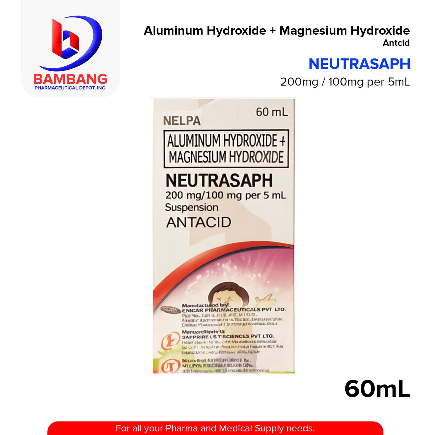 NEUTRASAPH Aluminum Hydroxide + Magnesium Hydroxide 200mg/100mg per 5ml Suspension 60ml