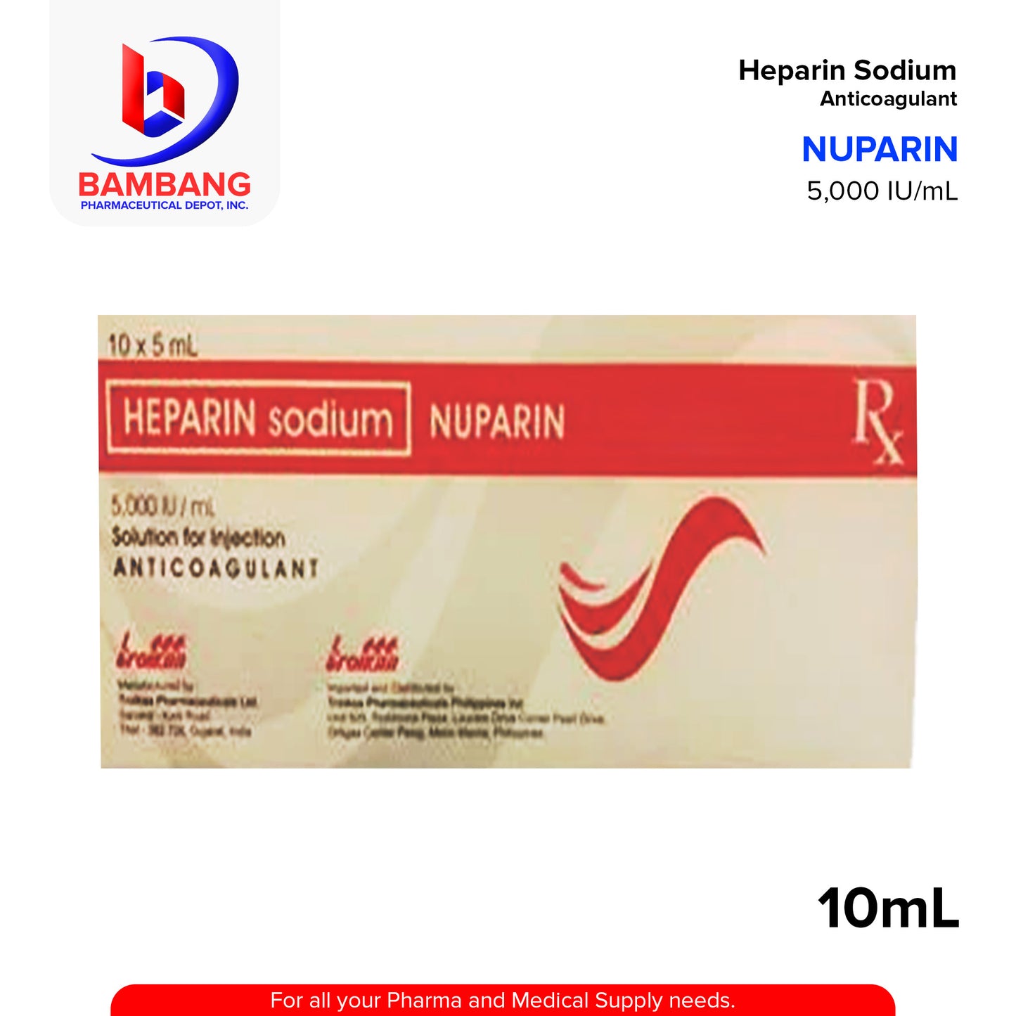 NUPARIN Heparin Sodium 5,000IU/ml Solution for Injection Anticoagulant 10 x 5ml