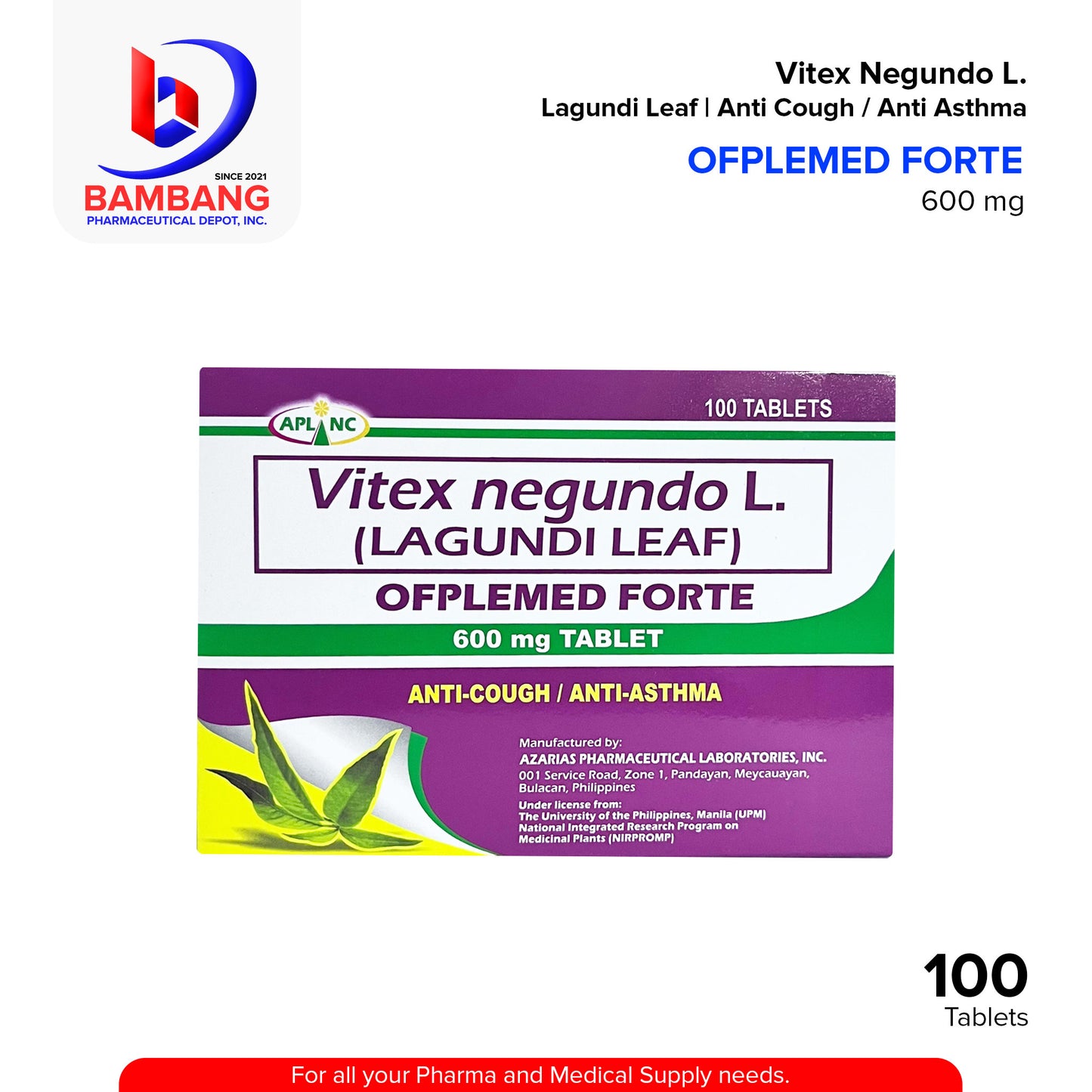 OFPLEMED FORTE Vitex Negundo L. Lagundi Leaf Anti Cough / Anti Asthma 600mg Tablet 100's