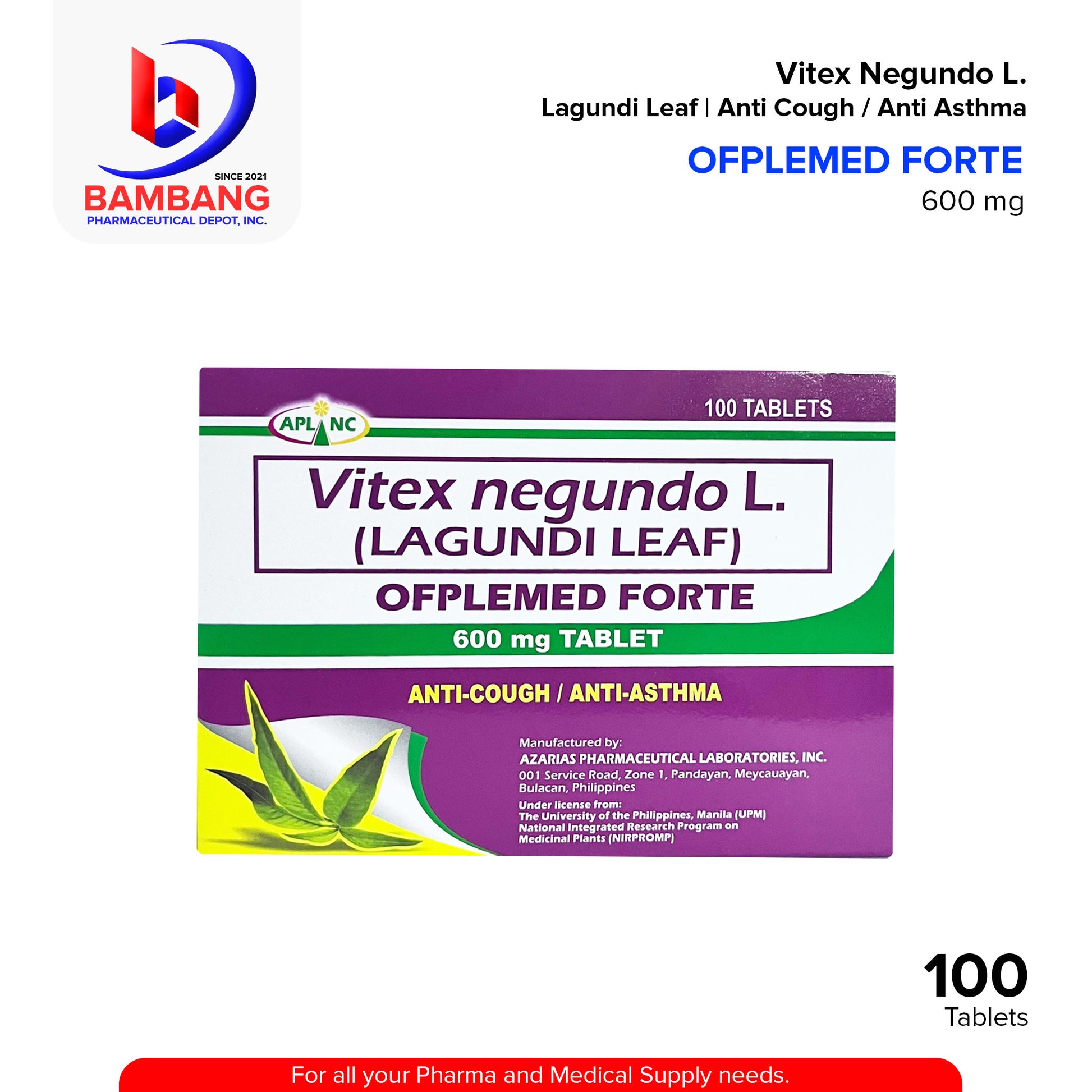 OFPLEMED FORTE Vitex Negundo L. Lagundi Leaf Anti Cough / Anti Asthma 600mg Tablet 100's