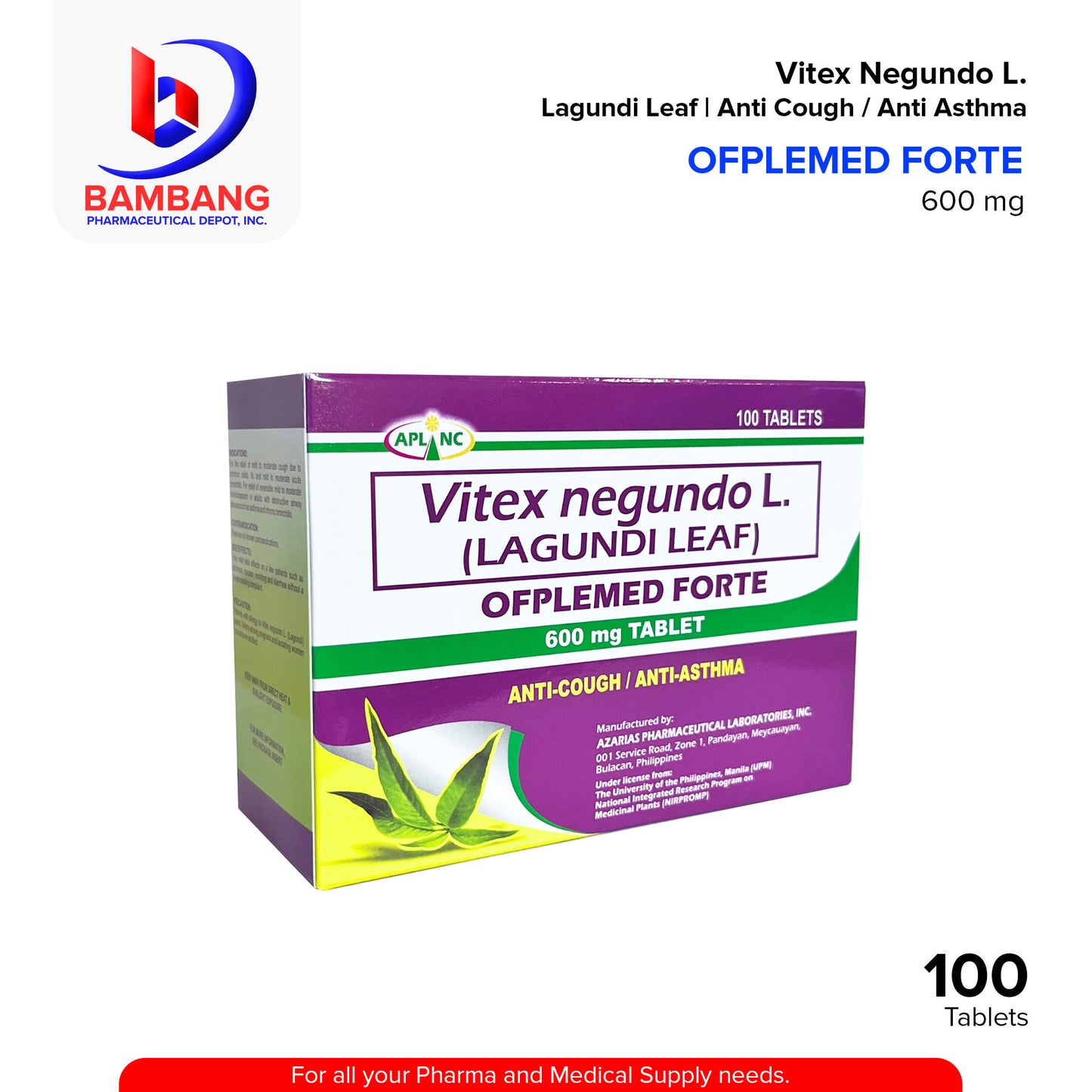 OFPLEMED FORTE Vitex Negundo L. Lagundi Leaf Anti Cough / Anti Asthma 600mg Tablet 100's