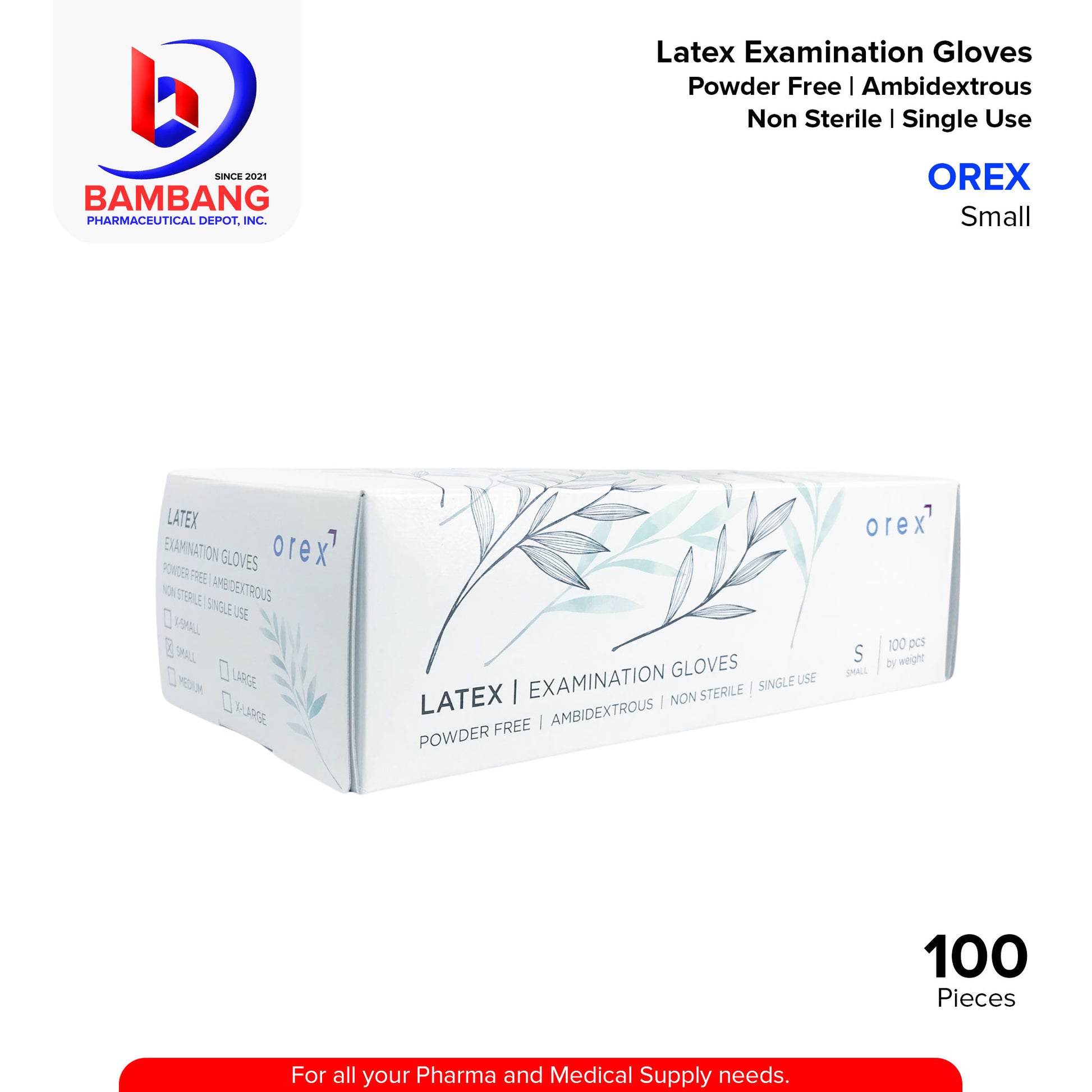 OREX Latex Examination Gloves Powder Free Ambidextrous Non Sterile Single Use Small 100PCS