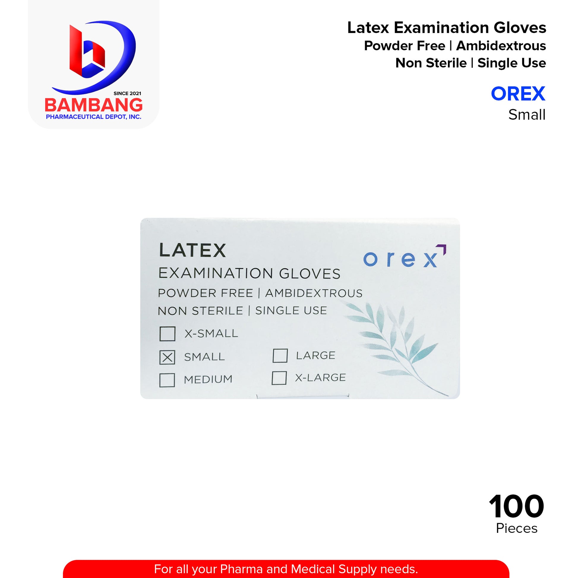 OREX Latex Examination Gloves Powder Free Ambidextrous Non Sterile Single Use Small 100PCS