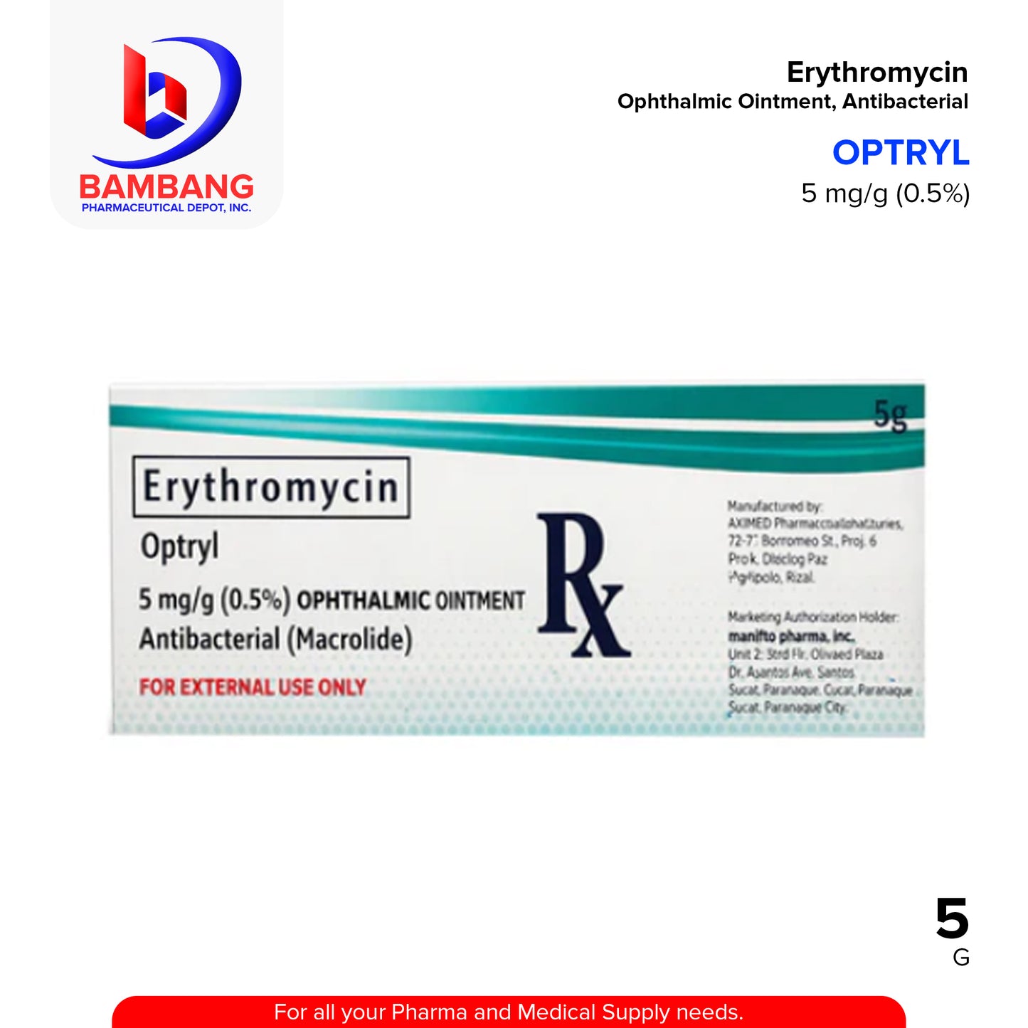 OPTRYL Erythromycin 0.5% Opthalmic Ointment Antibacterial 5g