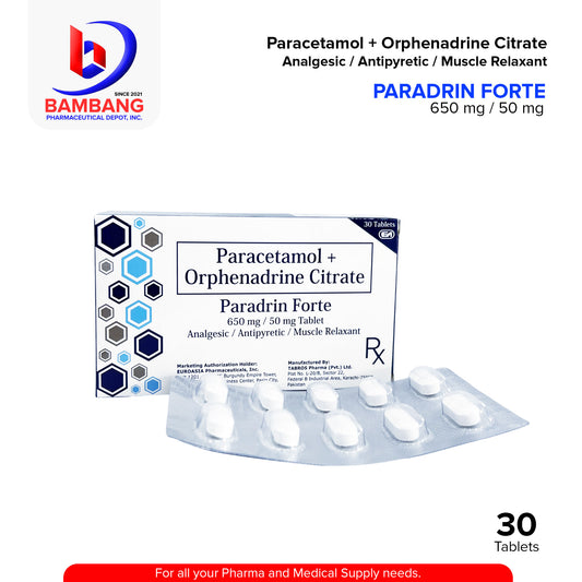PARADRIN FORTE Paracetamol + Orphenadrine Citrate Analgesic Antipyretic Muscle Relaxant 650 mg / 50 mg Tablet 30's