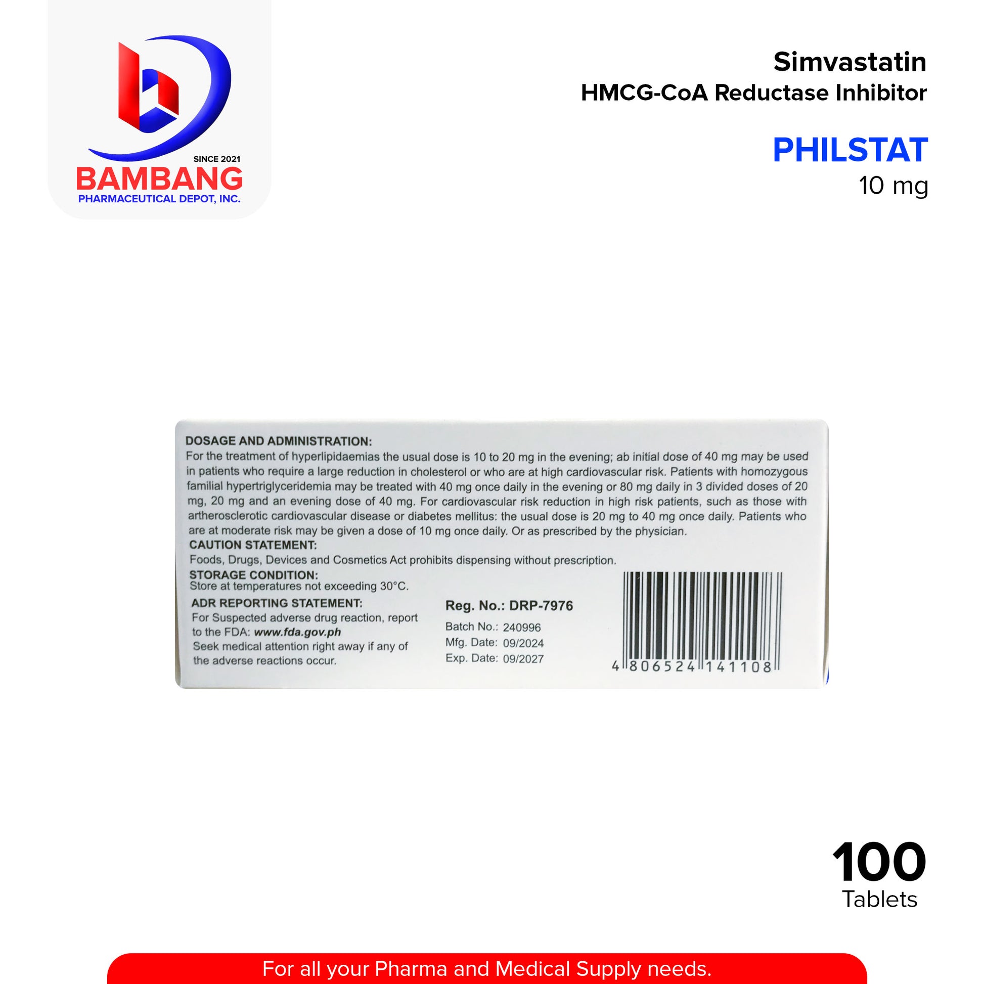 PHILSTAT Simvastatin HMG-CoA Reductase Inhibitor 10mg Film Coated 100 Tablets