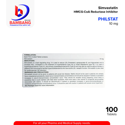 PHILSTAT Simvastatin HMG-CoA Reductase Inhibitor 10mg Film Coated 100 Tablets