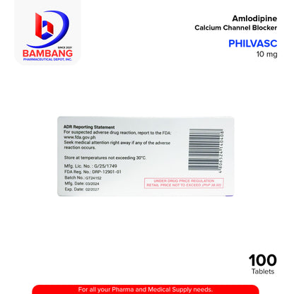 PHILVASC Amlodipine Calcium Channel Blocker 10 mg 100 Tablets