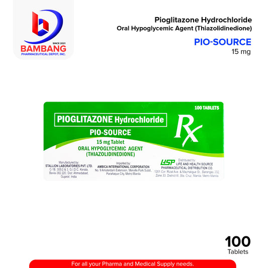PIO-SOURCE Pioglitazone Hydrochloride Oral Hypoglycemic Agent Thiazolidinedione 15 mg Tablet 100's