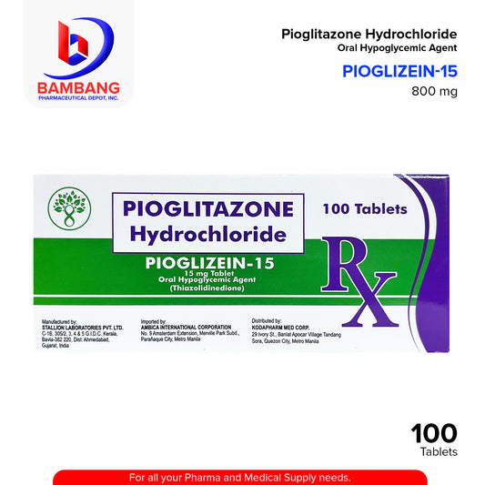 PIOGLIZEIN-15 Pioglitazone Hydrochloride Oral Hypoglycemic Agent Thiazolidinedione 15 mg Tablet 100's