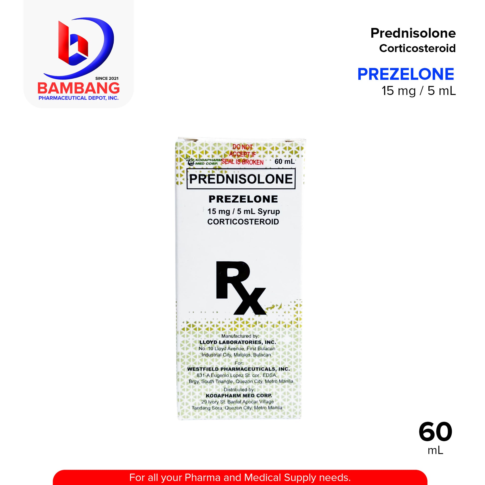 PREZELONE Prednisolone 15 mg / 5 mL Syrup Corticosteroid 60 mL