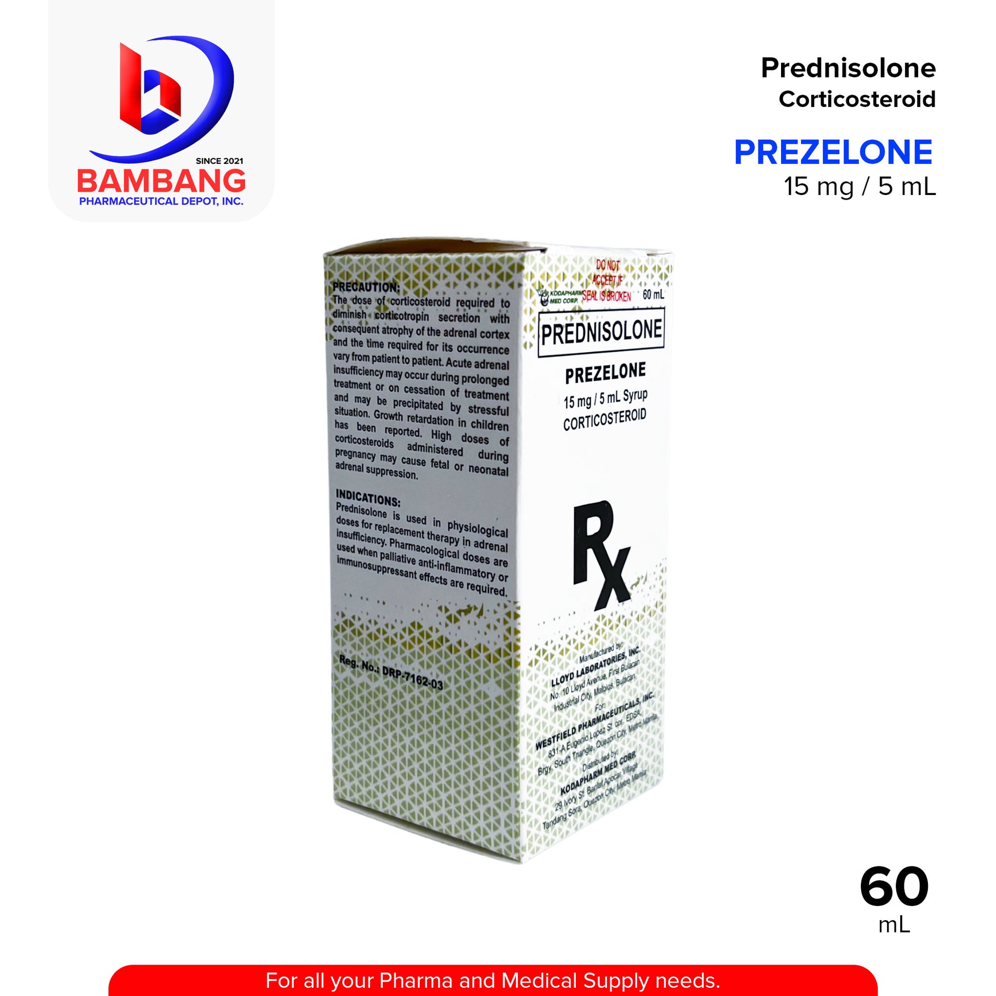 PREZELONE Prednisolone 15 mg / 5 mL Syrup Corticosteroid 60 mL