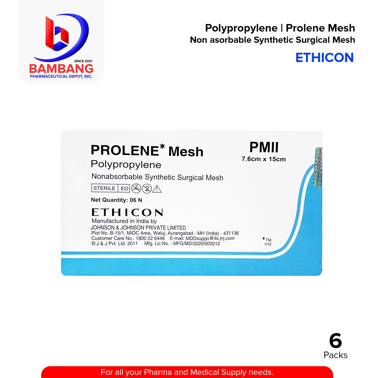 PROLENE* Mesh Polypropylene Nonabsorbable Synthetic Surgical Mesh 7.6 cm x 15 cm Pack 6's