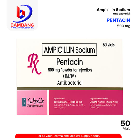 PENTRACIN Ampicillin Sodium 500mg Powder for Injection (IM/IV) Antibacterial Vial 50's