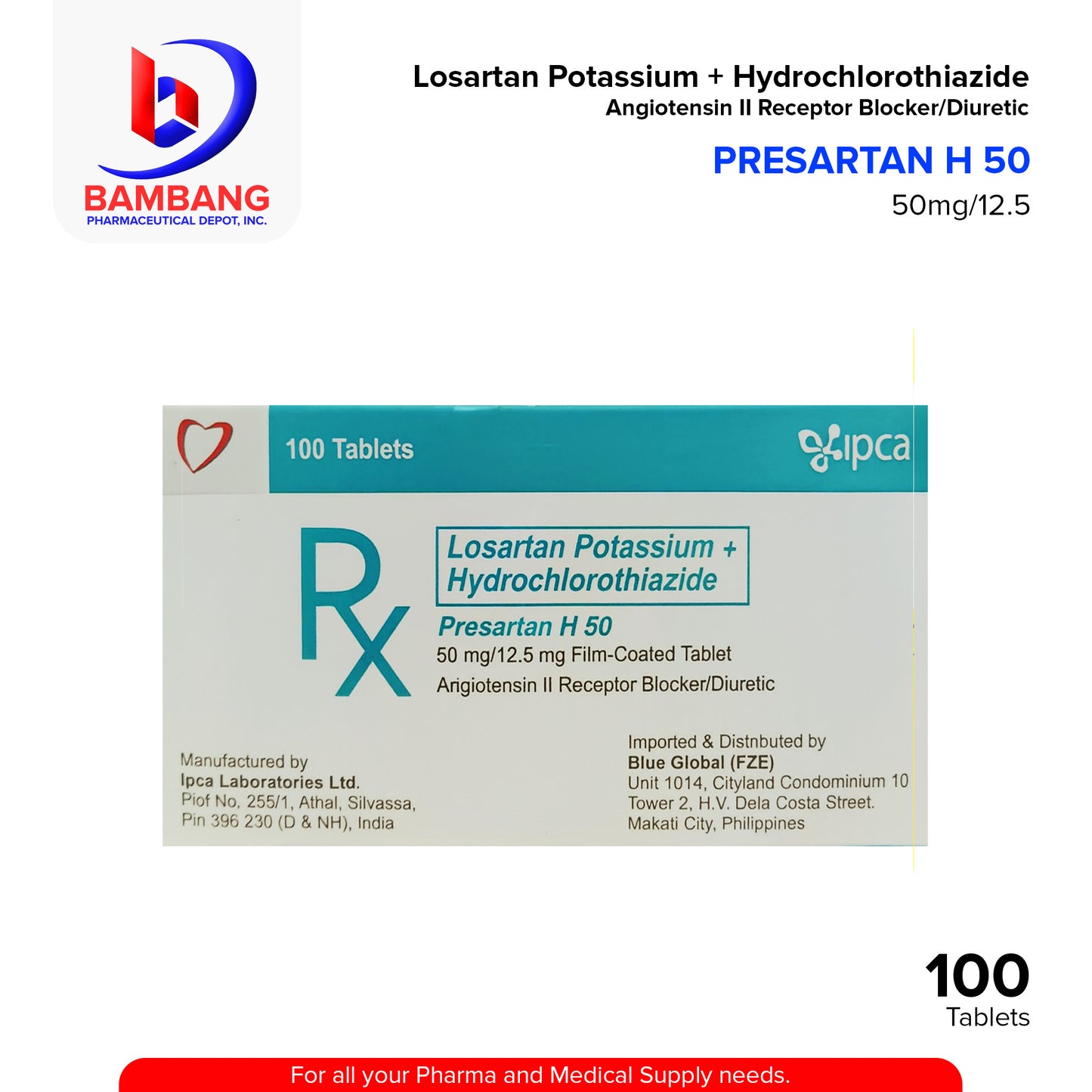 PRESARTAN H 50 Losartan Potassium + Hydrochlorothiazide 50mg/12.5mg Film Coated Tablet 100's