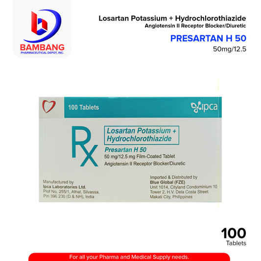 PRESARTAN H 50 Losartan Potassium + Hydrochlorothiazide 50mg/12.5mg Film Coated Tablet 100's
