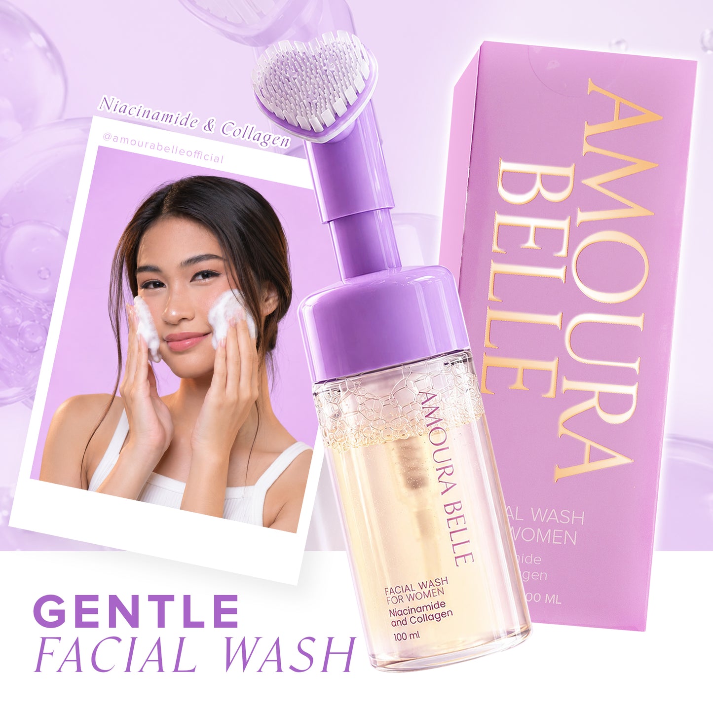 AMOURA BELLE Niacinamide & Collagen Facial Wash for Women 100ml – Gentle Hydrating Brightening Clean