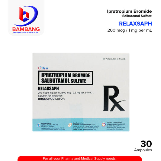 RELAXSAPH Ipratropium Bromide Salbutamol Sulfate 200 mcg/1 mg per ml (500mcg/2.5mg per 2.5ml) 25 ml Ampoules 30's