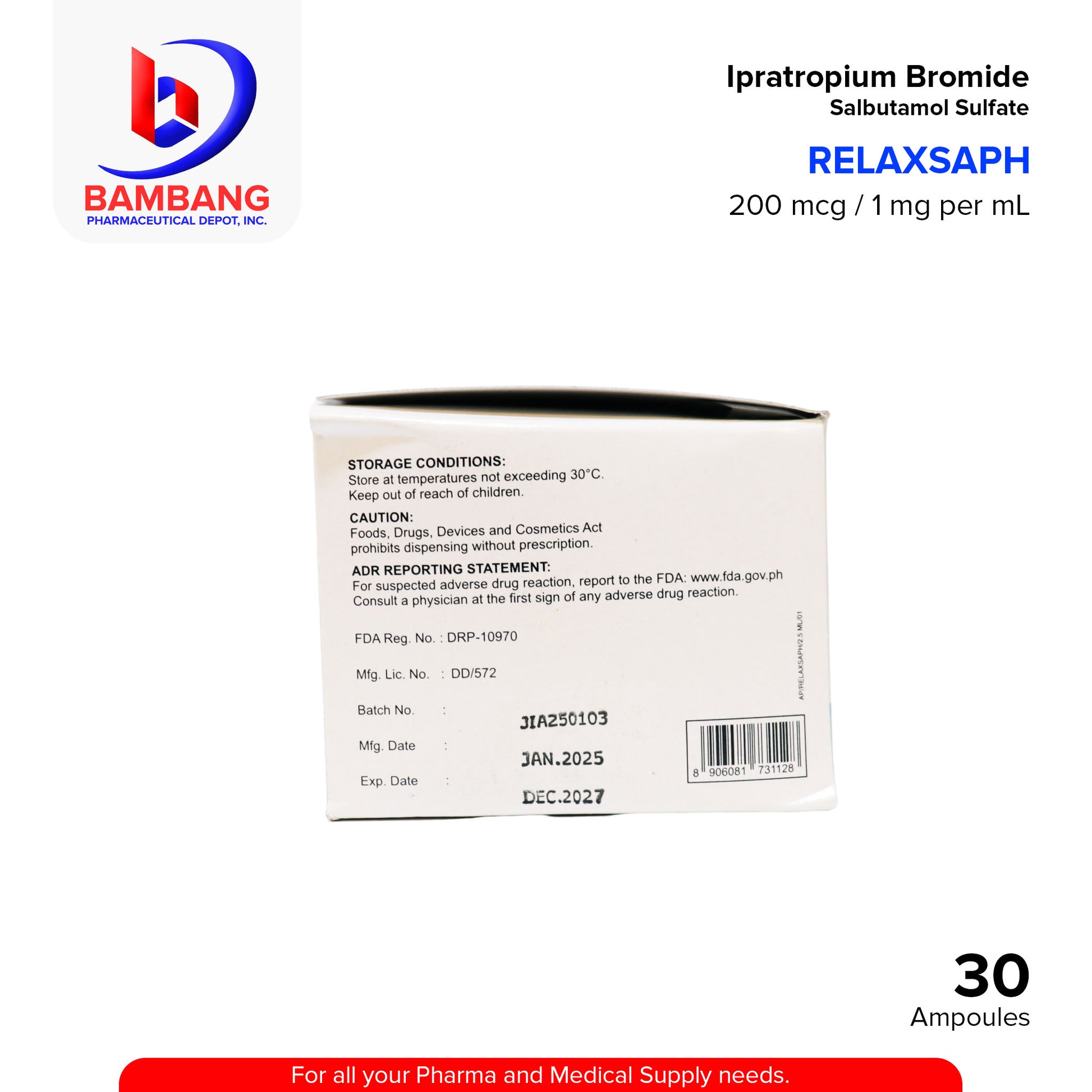 RELAXSAPH Ipratropium Bromide Salbutamol Sulfate 200 mcg/1 mg per ml (500mcg/2.5mg per 2.5ml) 25 ml Ampoules 30's