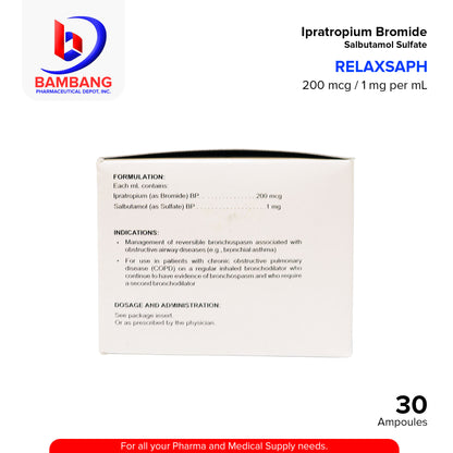 RELAXSAPH Ipratropium Bromide Salbutamol Sulfate 200 mcg/1 mg per ml (500mcg/2.5mg per 2.5ml) 25 ml Ampoules 30's
