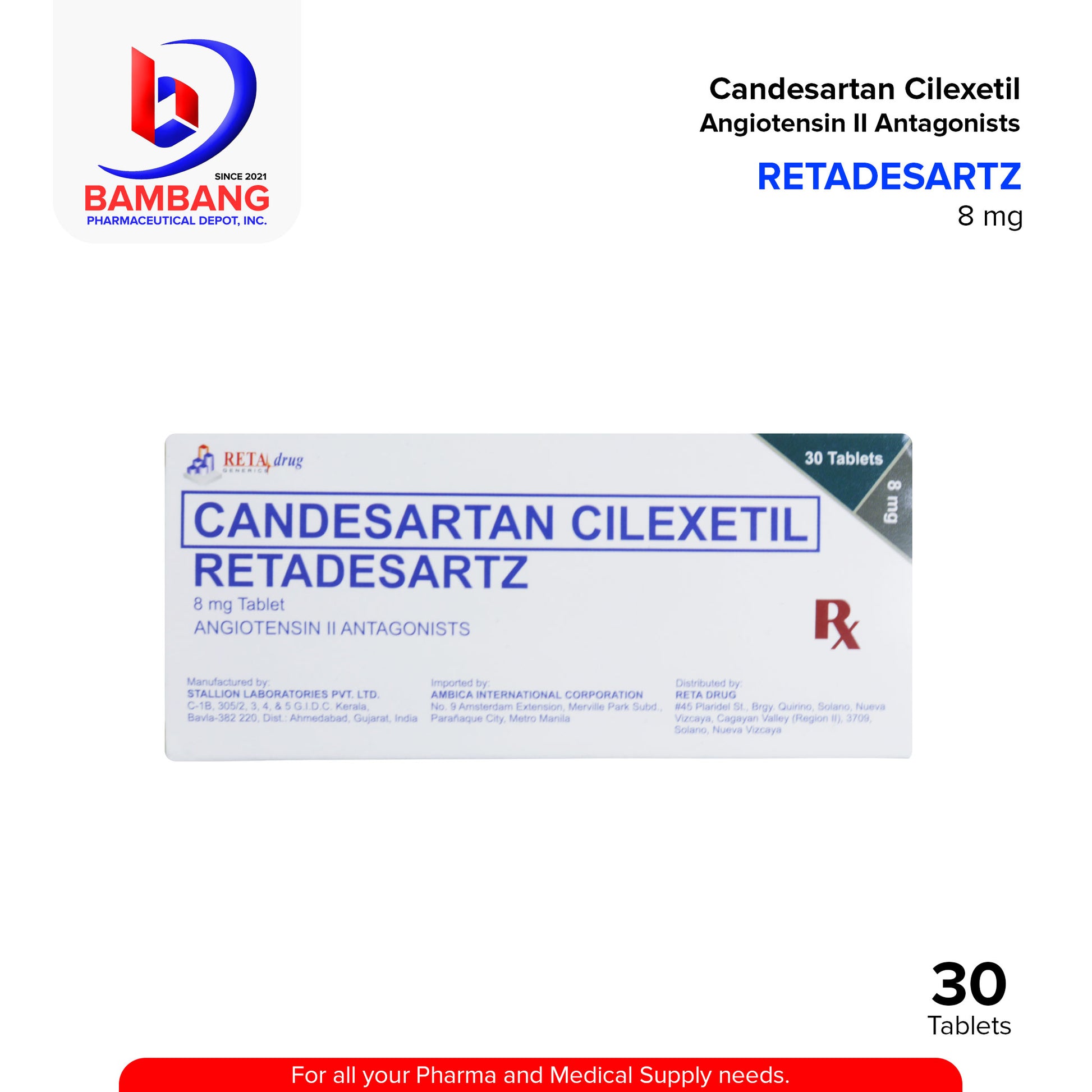 RETADESARTZ Candesartan Cilexetil Angiotensin II Antagonist 8mg Tablet 30's