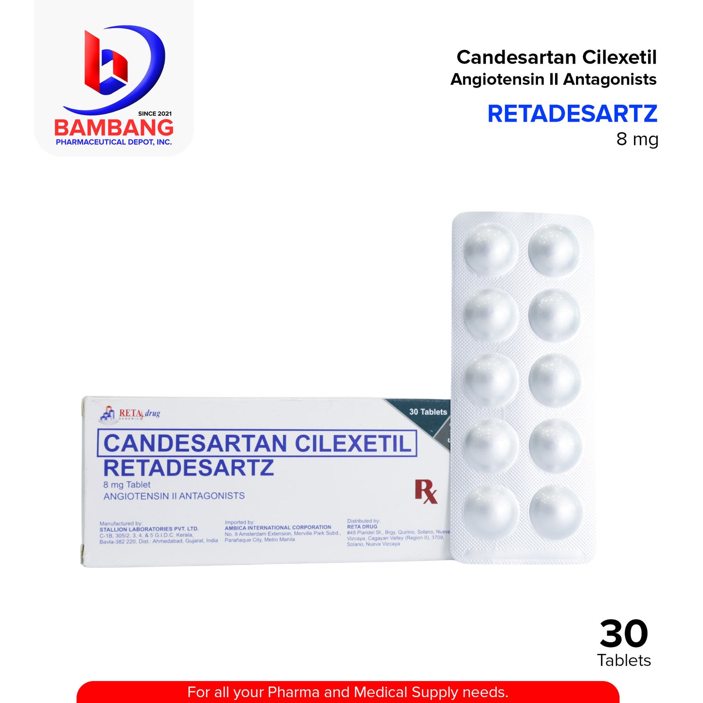 RETADESARTZ Candesartan Cilexetil Angiotensin II Antagonist 8mg Tablet 30's