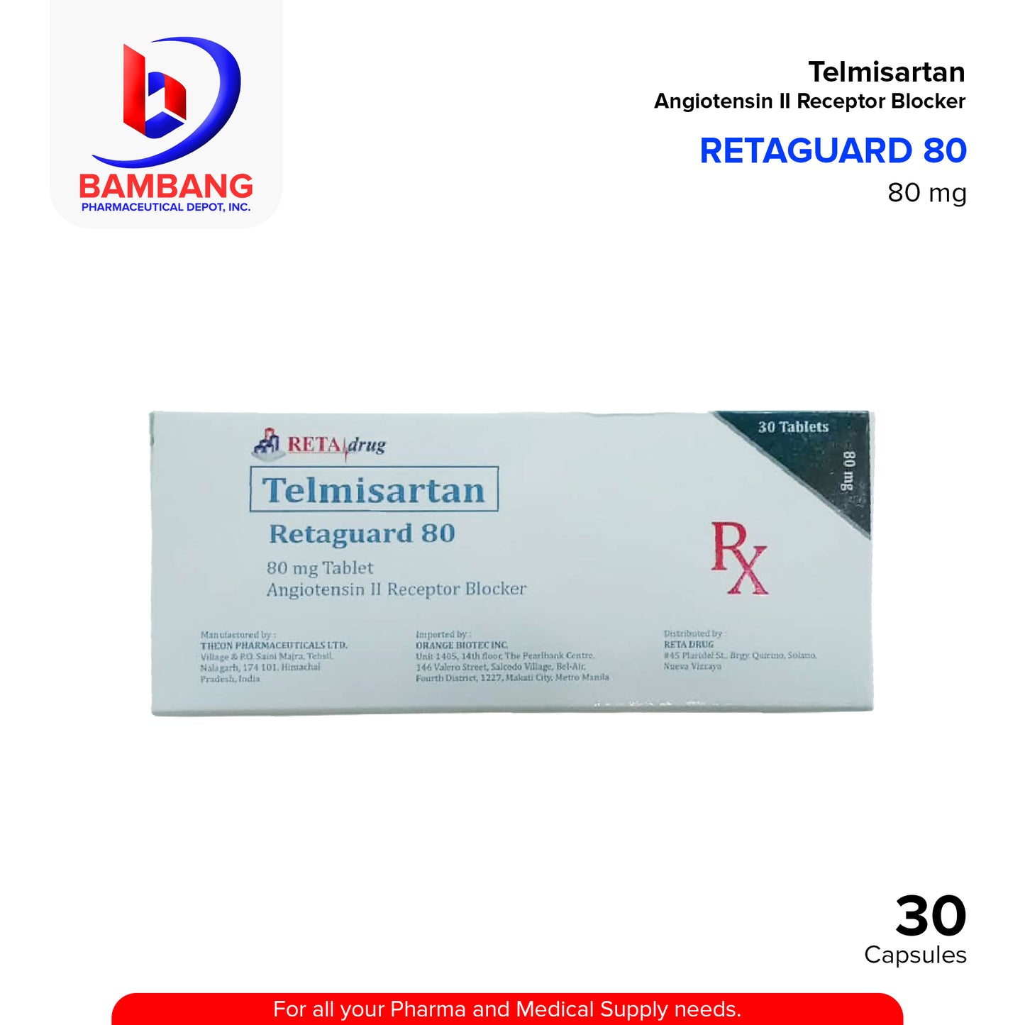 TELMISARTAN Retaguard 80 Angiotensin II Receptor Blocker 30's