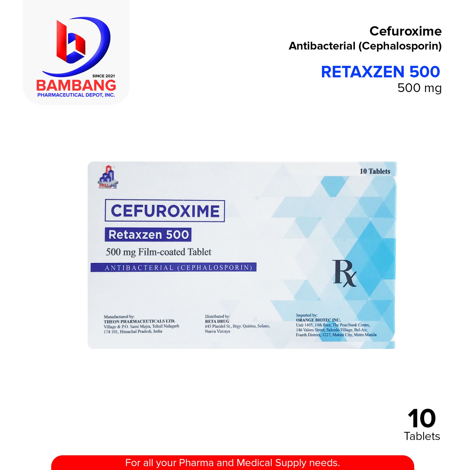 RETAXZEN 500 Cefuroxime Anti Bacterial Cephalosporin 500 mg Film Coated Tablet 10's