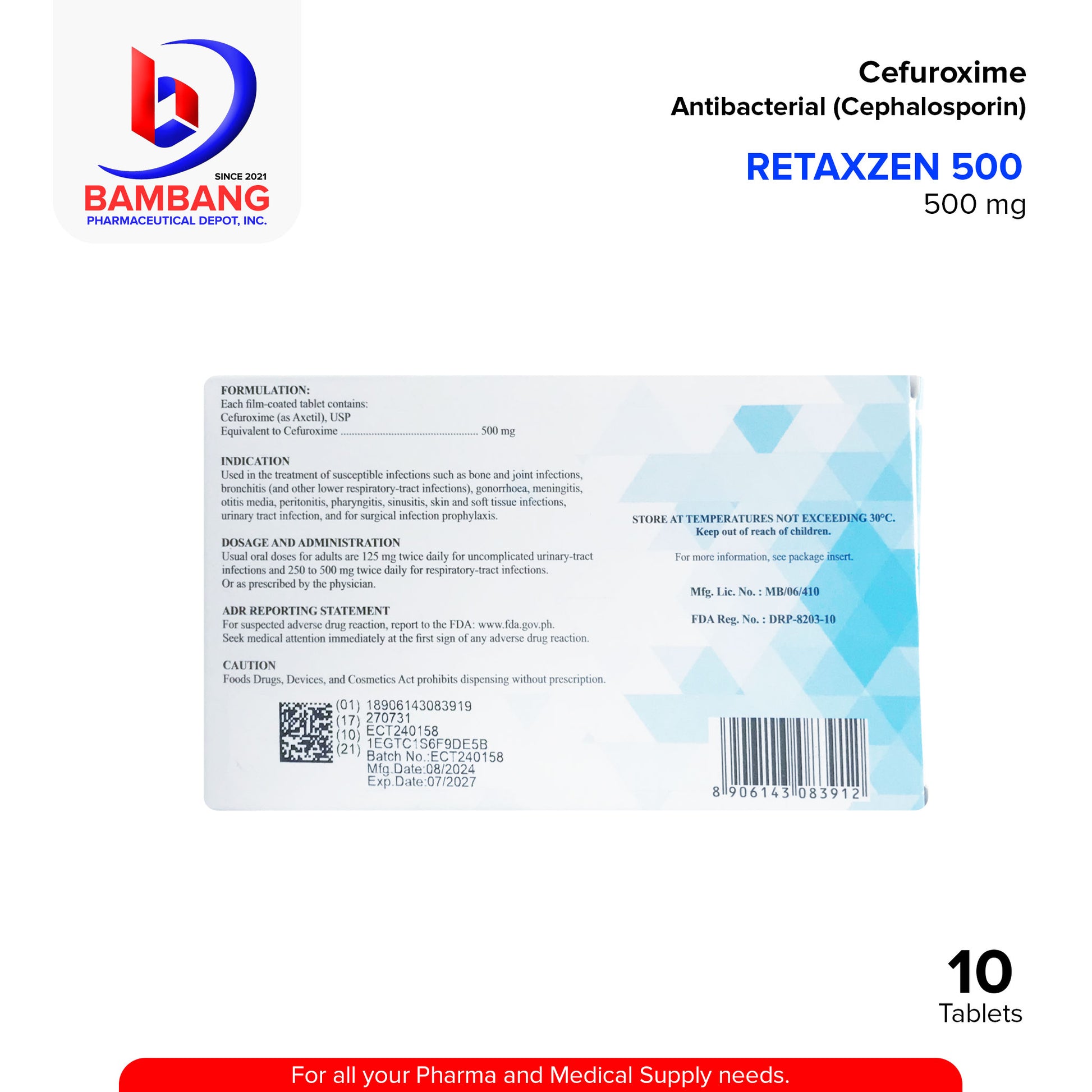 RETAXZEN 500 Cefuroxime Anti Bacterial Cephalosporin 500 mg Film Coated Tablet 10's