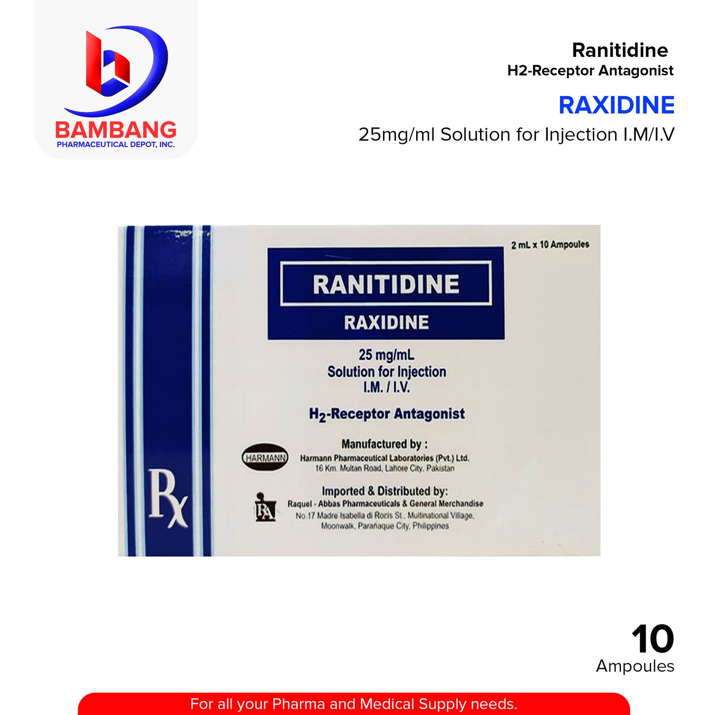 RAXIDINE Ranitidine  25mg/ml Solution for Injection I.M/I.V 2ml x 10 Ampoules
