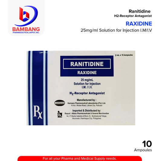 RAXIDINE Ranitidine  25mg/ml Solution for Injection I.M/I.V 2ml x 10 Ampoules